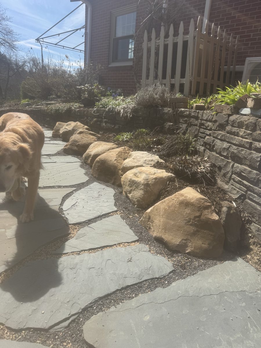 Boulder retaining wall with drainage backfill